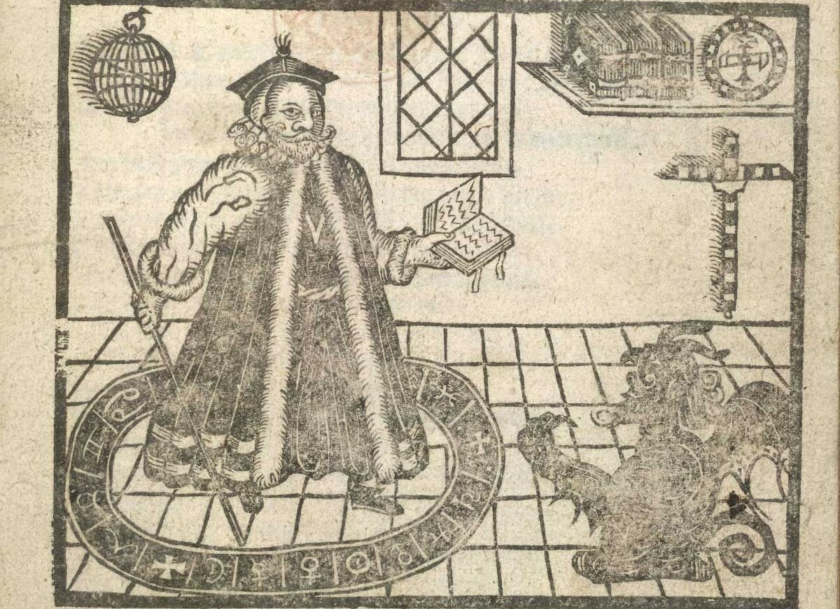 Woodcut illustration of Doctor Faustus summoning Mephistopheles from inside a summoning circle.