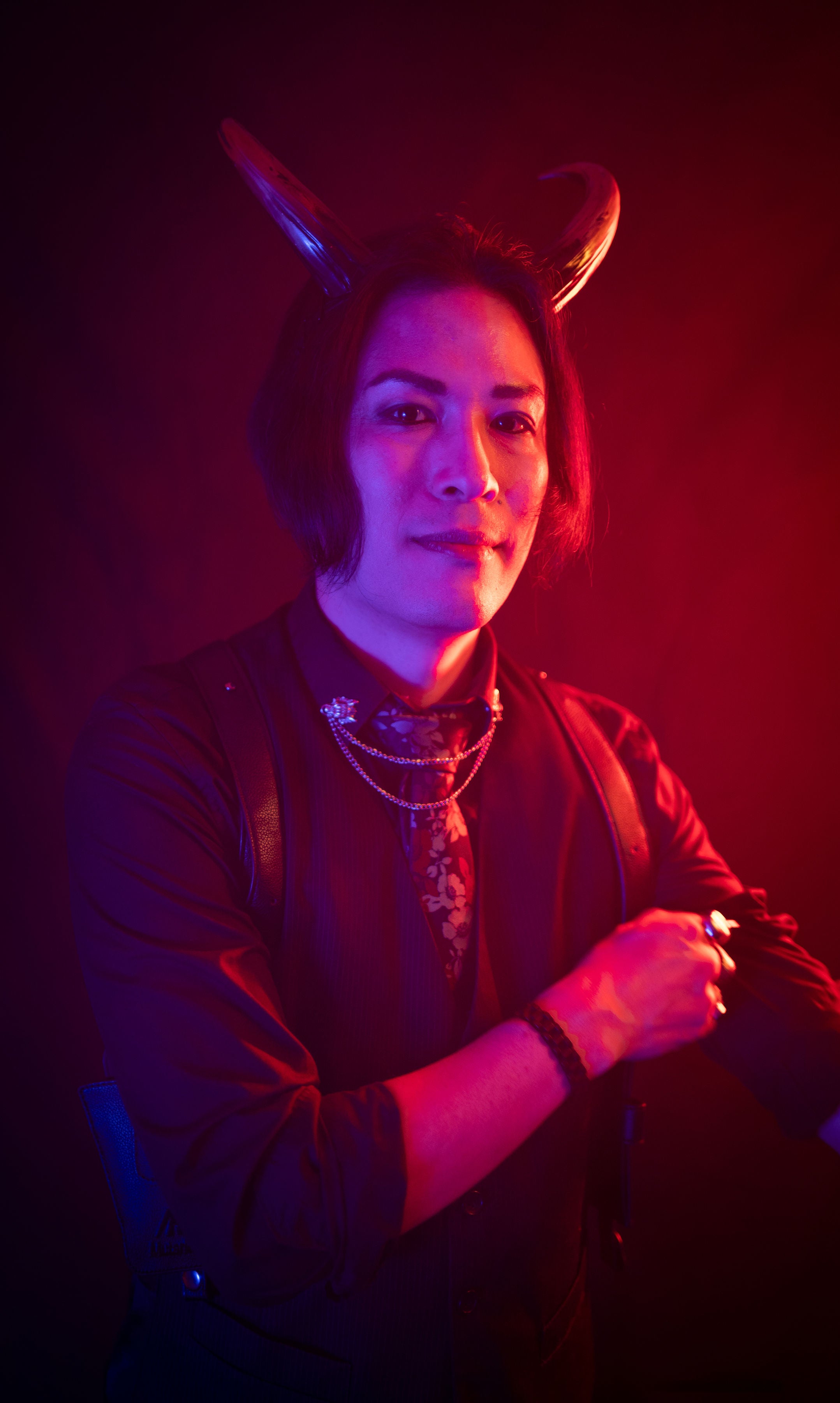 Zeph Rexx models Azazel horns by Haus of Brimstone wearing a gothic black ensemble. Photo by Optic Onslaught.
