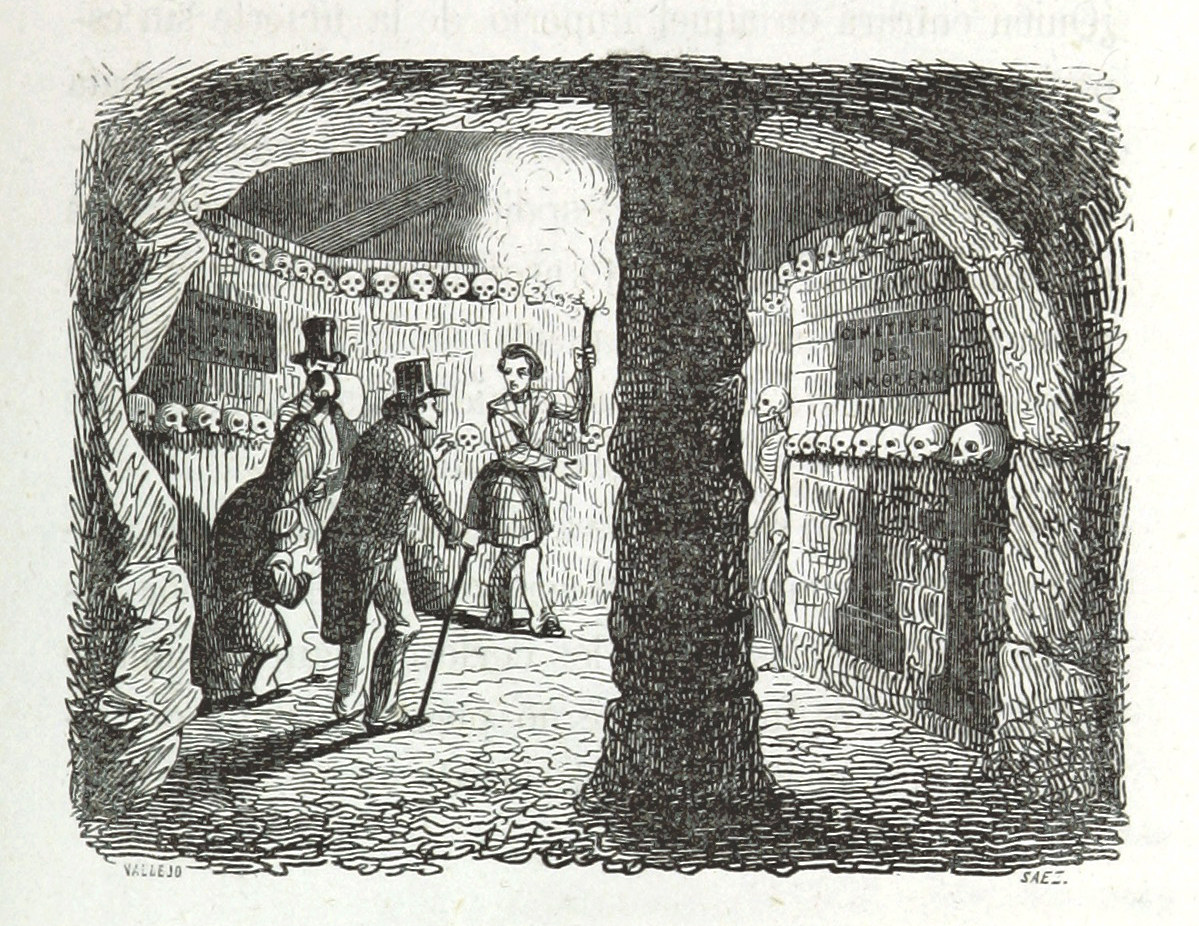 Vintage illustration of a group of people in a dimly lit room with stone walls and skulls.