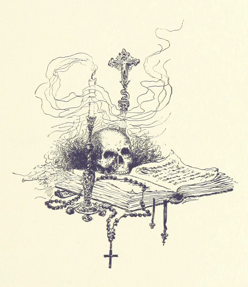 Vintage illustration of a skull, smoking candle, rosary, and open book.