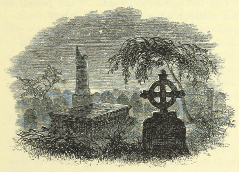 Vintage illustration of a stone monument and Celtic cross in a graveyard.