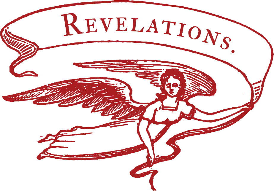 A vintage red illustrated angel holds a banner reading "Revelations."