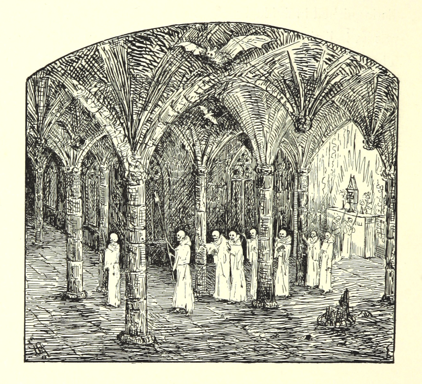 Illustration of a group of robed skeletons in a cloistered area with arches and columns.