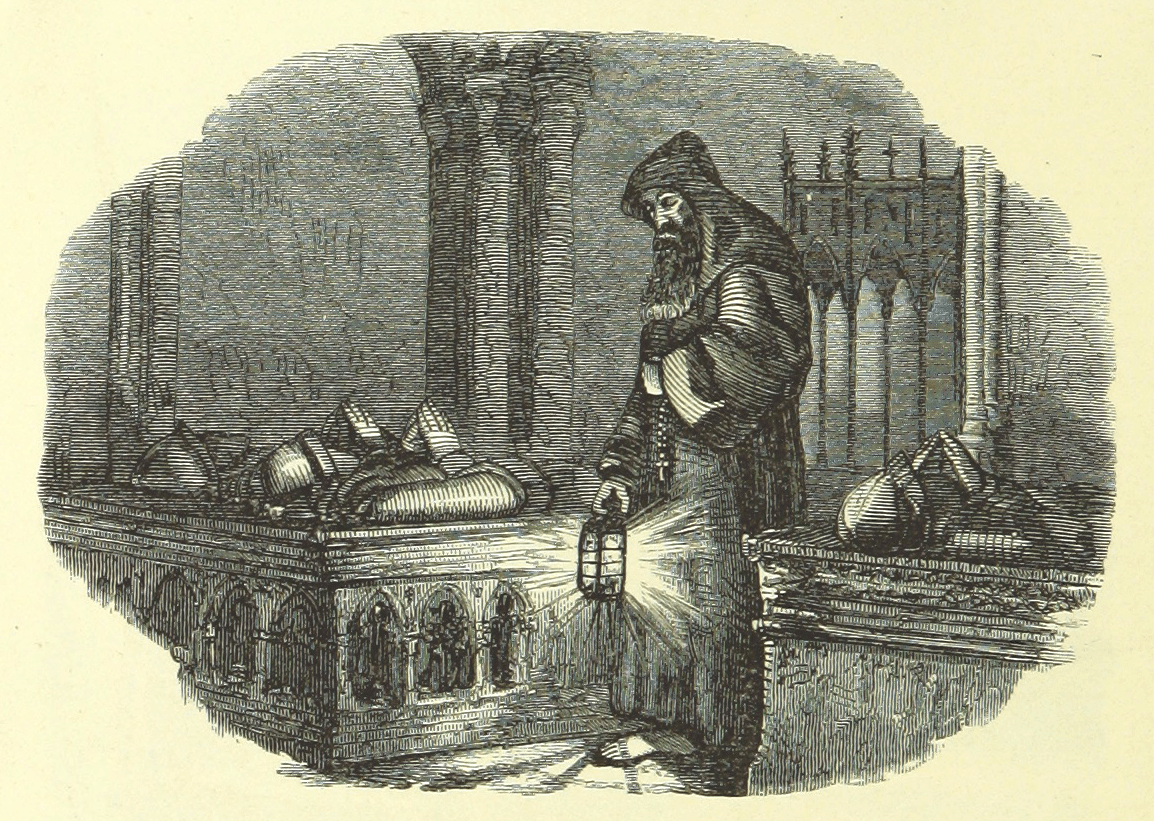 Vintage illustration of a monk with a lantern in a religious setting with knights' tombs.