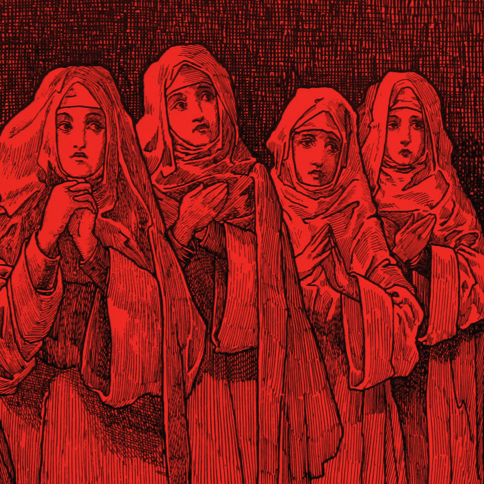 A vintage red illustration of four nuns in a line clasping their hands in prayer poses.