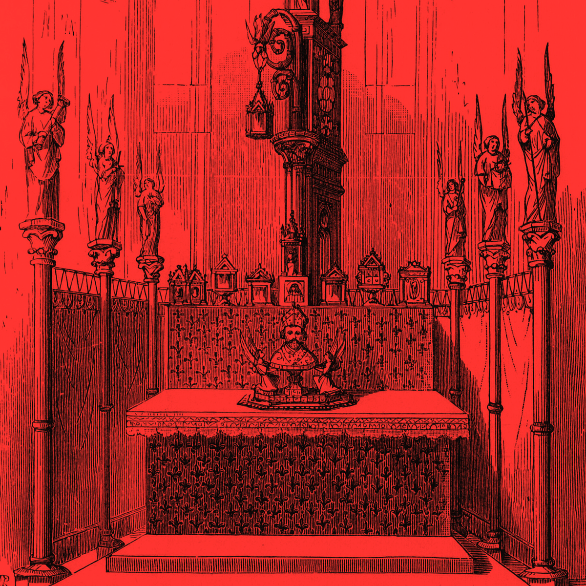 A vintage red illustration of an ornate altar with a saint's head reliquary in the center and six angels on the columns at the sides.
