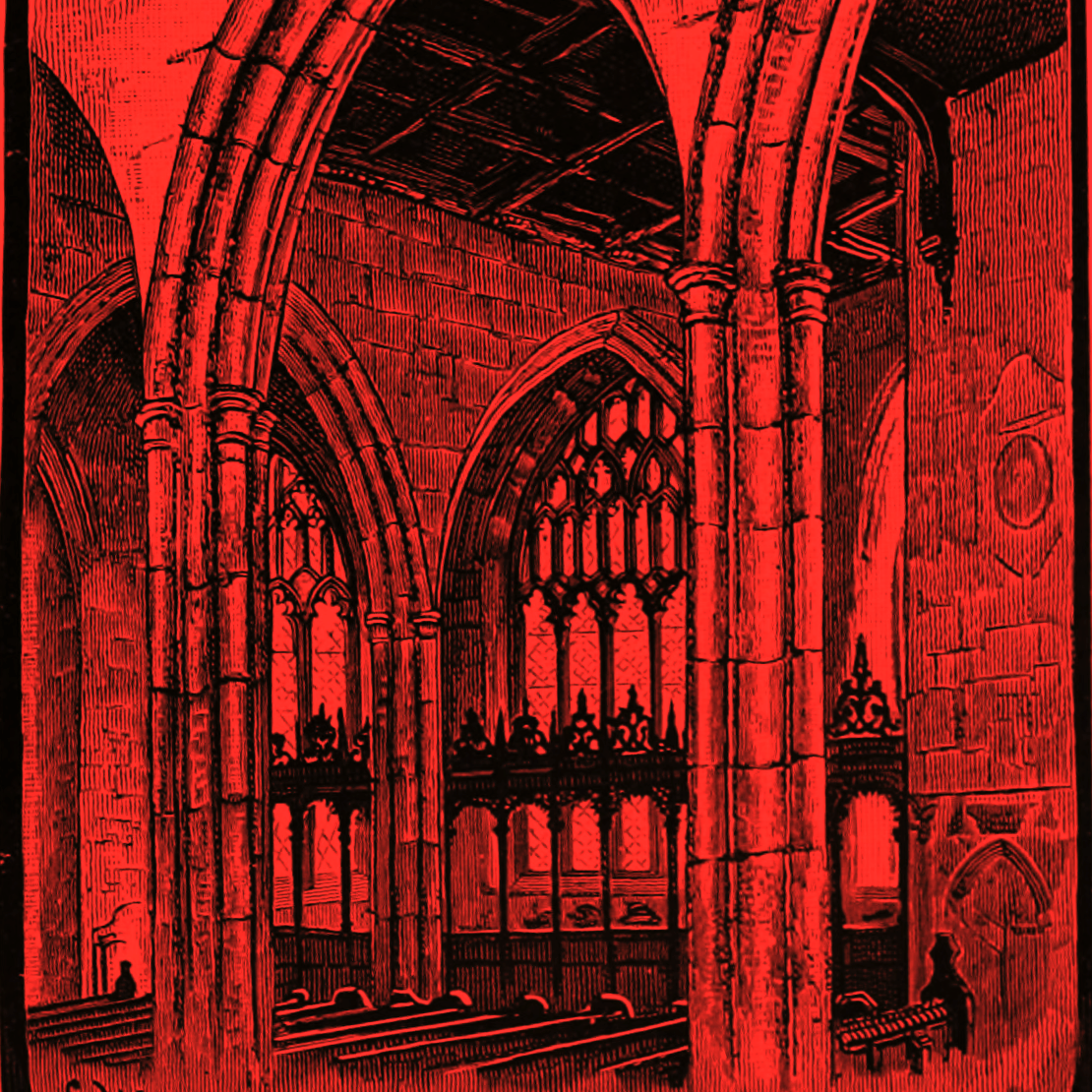 A vintage red illustration of a Gothic cathedral interior with tall stone arches, pointed windows, and pews.