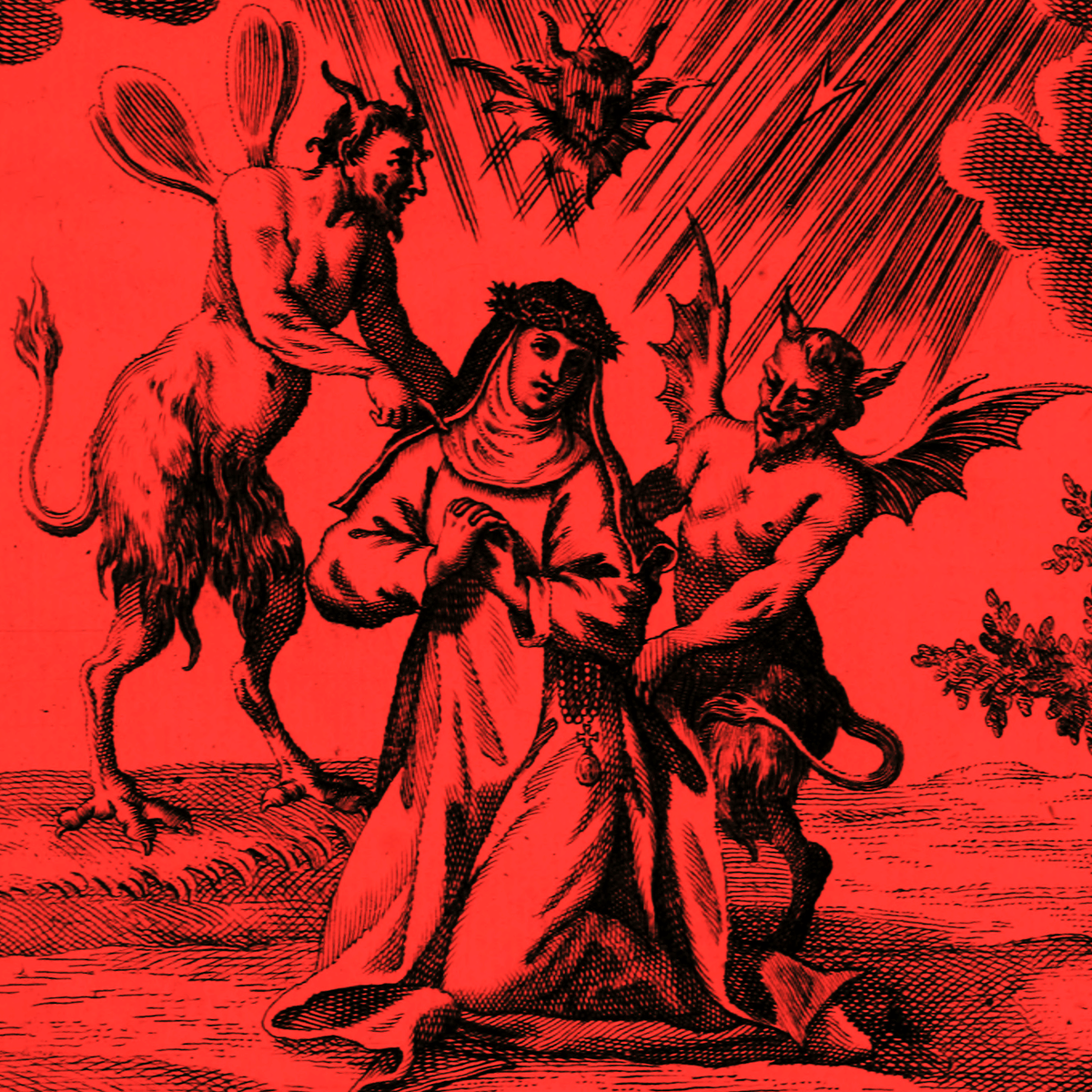 A vintage red illustration showing a kneeling nun flanked by two demons.