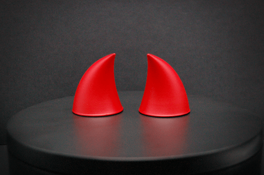 Back view of imp devil horns in scarlet red with a matte finish.