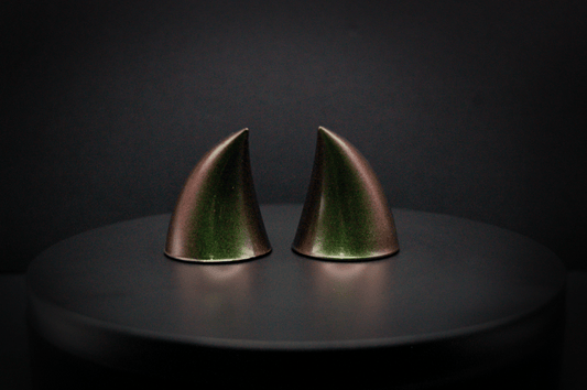 Back view of imp devil horns in metallic coppery green.