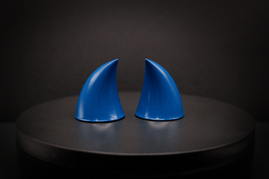 Back view of imp devil horns in storm blue, a deep blue with a glossy finish.
