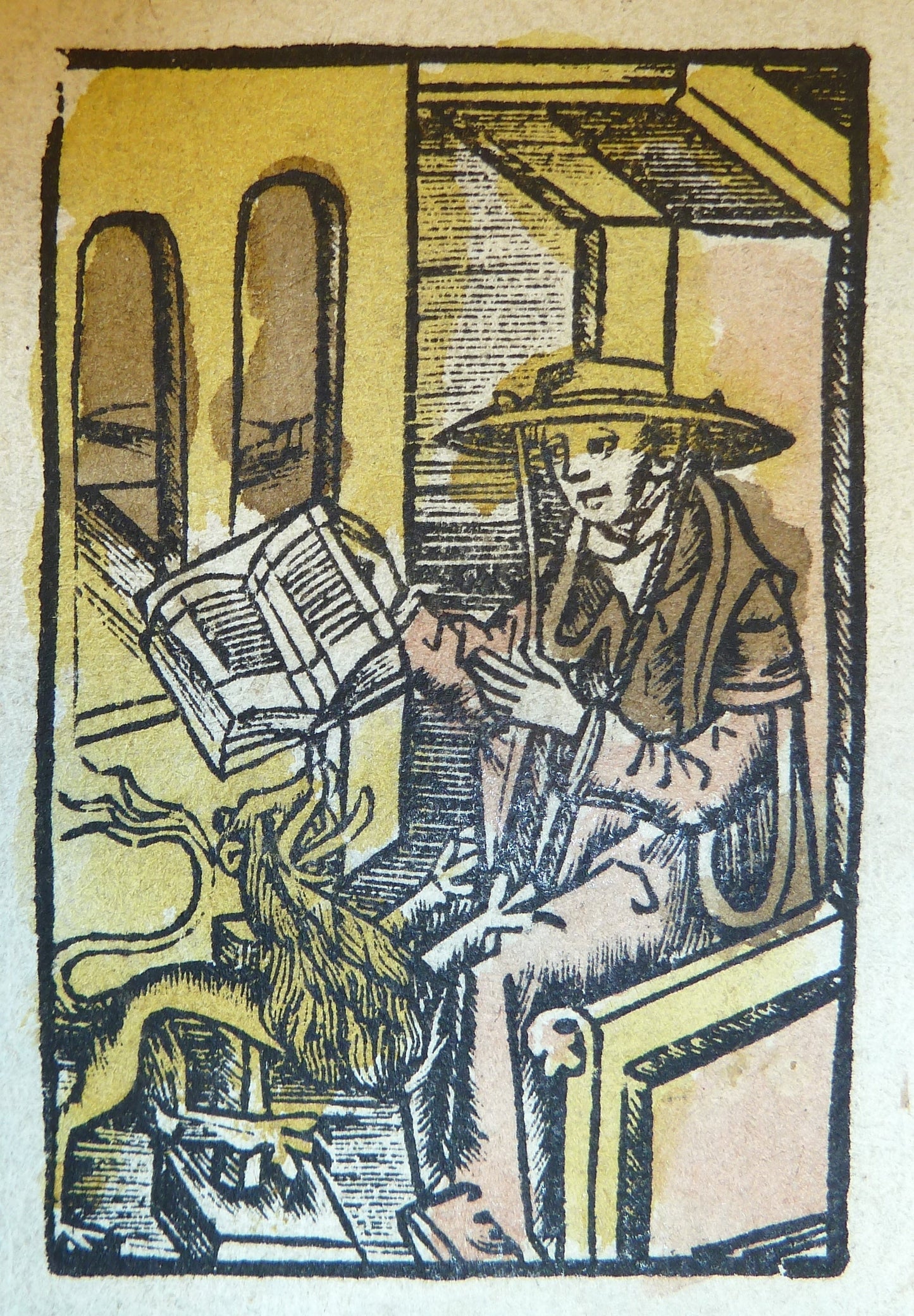 Woodcut of a saint reading a book with a dragon at his feet.
