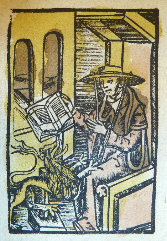 Woodcut of a saint reading a book with a dragon at his feet.