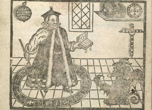 Woodcut illustration of Doctor Faustus summoning Mephistopheles from inside a summoning circle.