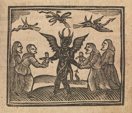 Woodcut print of women giving wax figures to the devil, with demons flying through the air in the background.