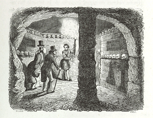 Vintage illustration of a group of people in a dimly lit room with stone walls and skulls.