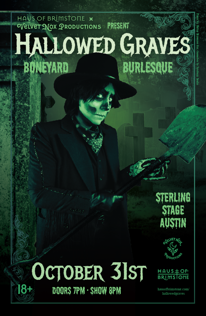 Promotional poster for Hallowed Graves Boneyard Burlesque with a skeletal gravedigger holding a shovel.