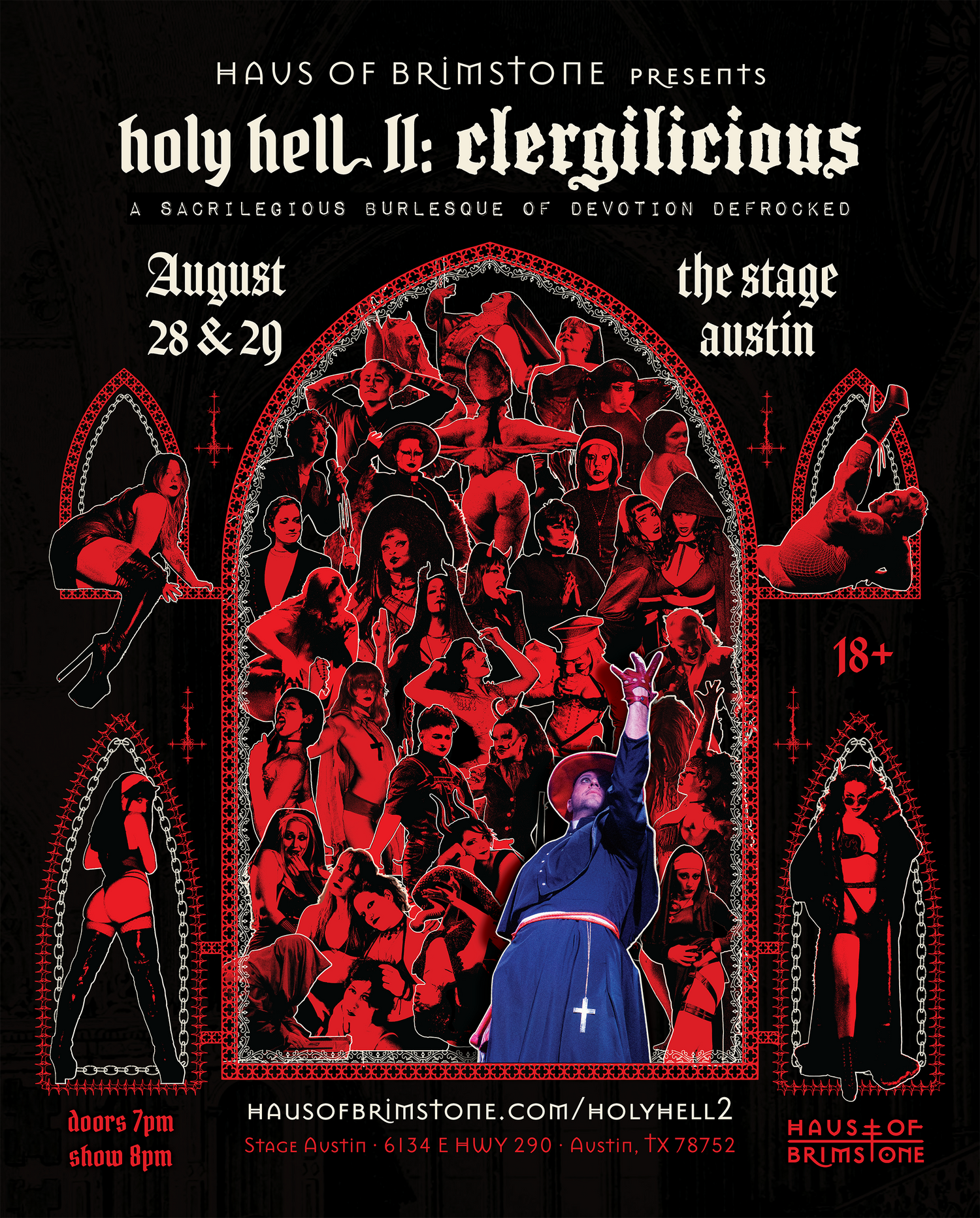 Poster for 'Holy Hell II: Clergilicious' by Haus of Brimstone, featuring a large red gothic arch illustration, with smaller supporting arches, depicting performers in religious and devilish costumes, with a central priest figure raising his hand. August 28 & 29 at The Stage Austin.