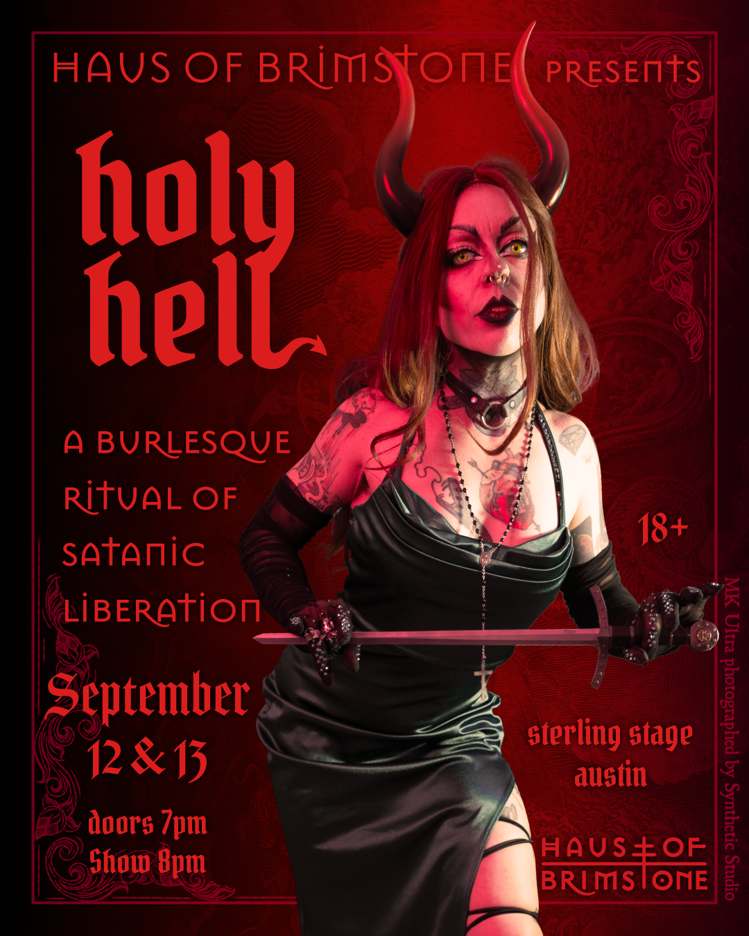 Promotional poster for 'Holy Hell' burlesque event with a person in black dress and horns on red background.