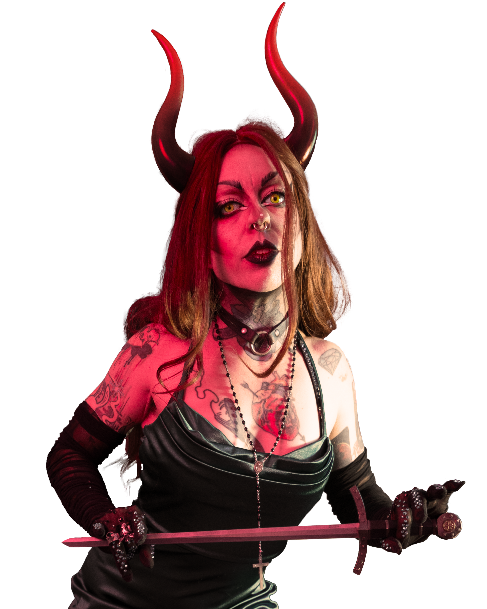 MK Ultra in Haus of Brimstone Succubus horns in Infernal Ombré and a gothic outfit holding a sword shot by Synthetic Studio.