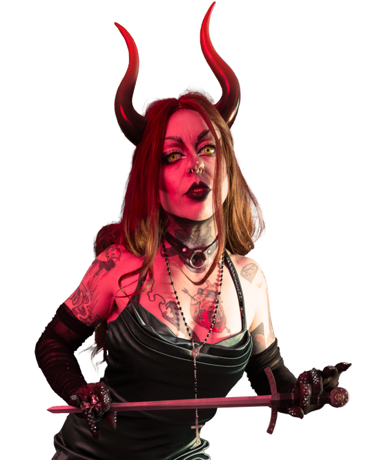 MK Ultra in Haus of Brimstone Succubus horns in Infernal Ombré and a gothic outfit holding a sword shot by Synthetic Studio.