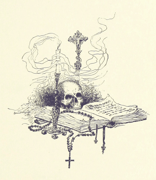 Vintage illustration of a skull, smoking candle, rosary, and open book.