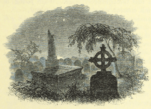 Vintage illustration of a stone monument and Celtic cross in a graveyard.