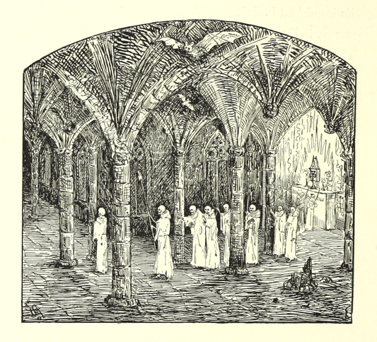 Illustration of a group of robed skeletons in a cloistered area with arches and columns.