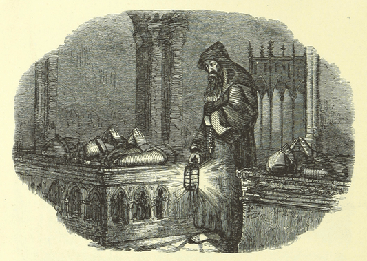 Vintage illustration of a monk with a lantern in a religious setting with knights' tombs.