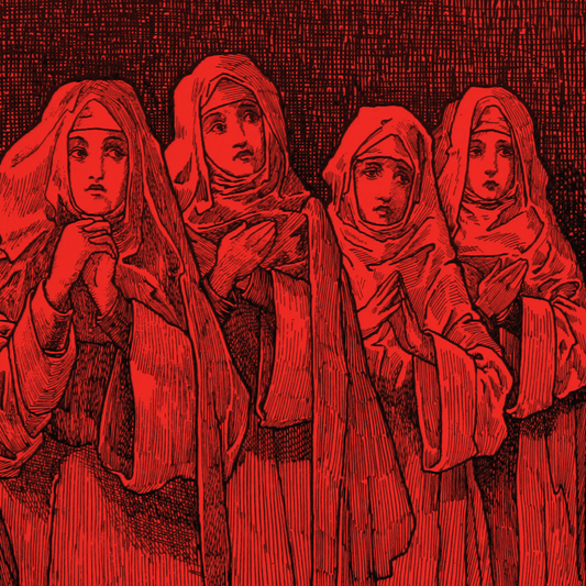 A vintage red illustration of four nuns in a line clasping their hands in prayer poses.