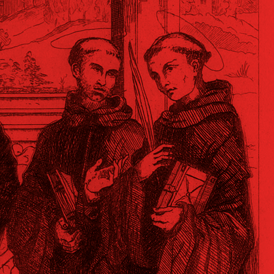 A vintage red illustration showing two saints or monks with halos in conversation.
