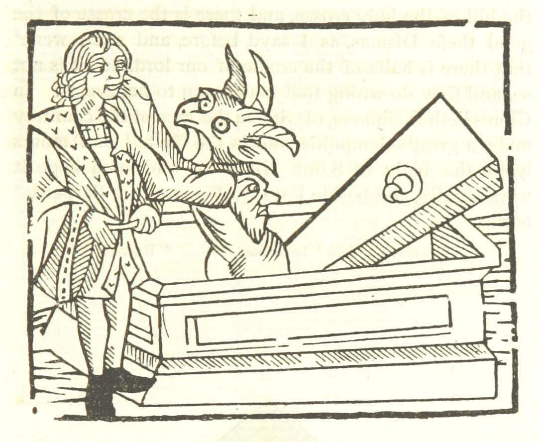 Woodcut illustration of a goat-like demon emerging from a coffin and grabbing a man's face.