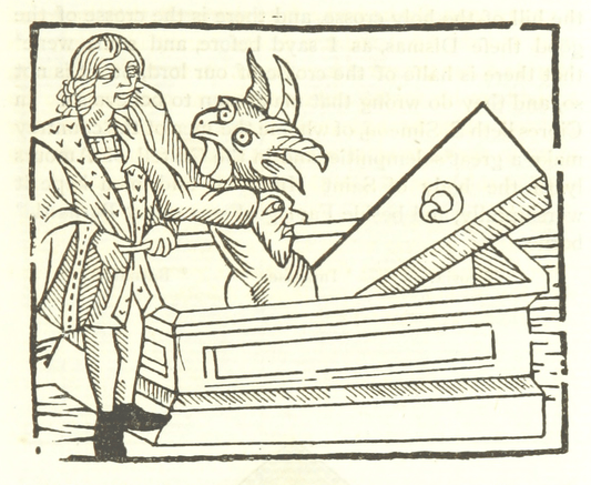 Woodcut illustration of a goat-like demon emerging from a coffin and grabbing a man's face.