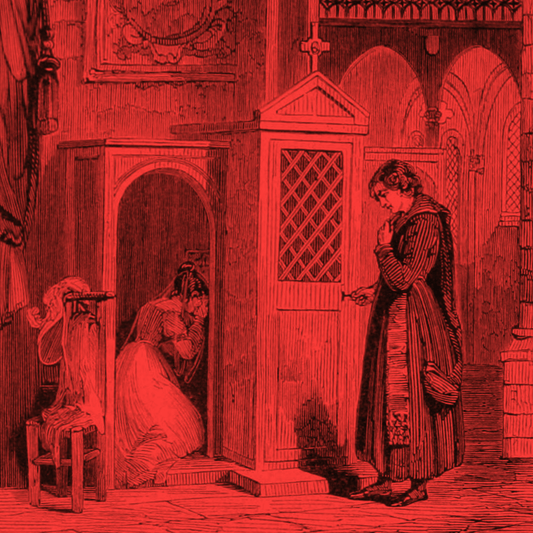 Vintage red illustration of a priest approaching a confessional booth where a veiled woman is kneeling.