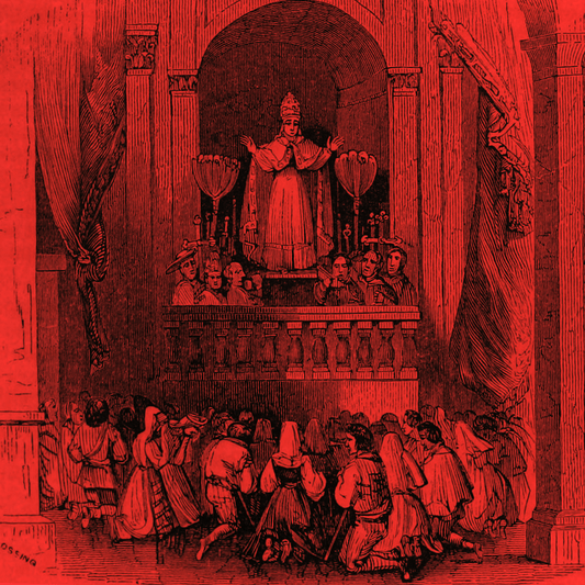 A vintage red illustration showing a religious scene inside a cathedral or church, with a robed priest standing on a raised platform and a crowd gathered below.