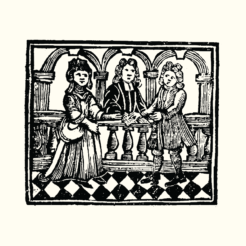 Woodcut print of three people with a checkered floor and archway background.