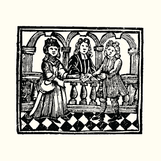 Woodcut print of three people with a checkered floor and archway background.
