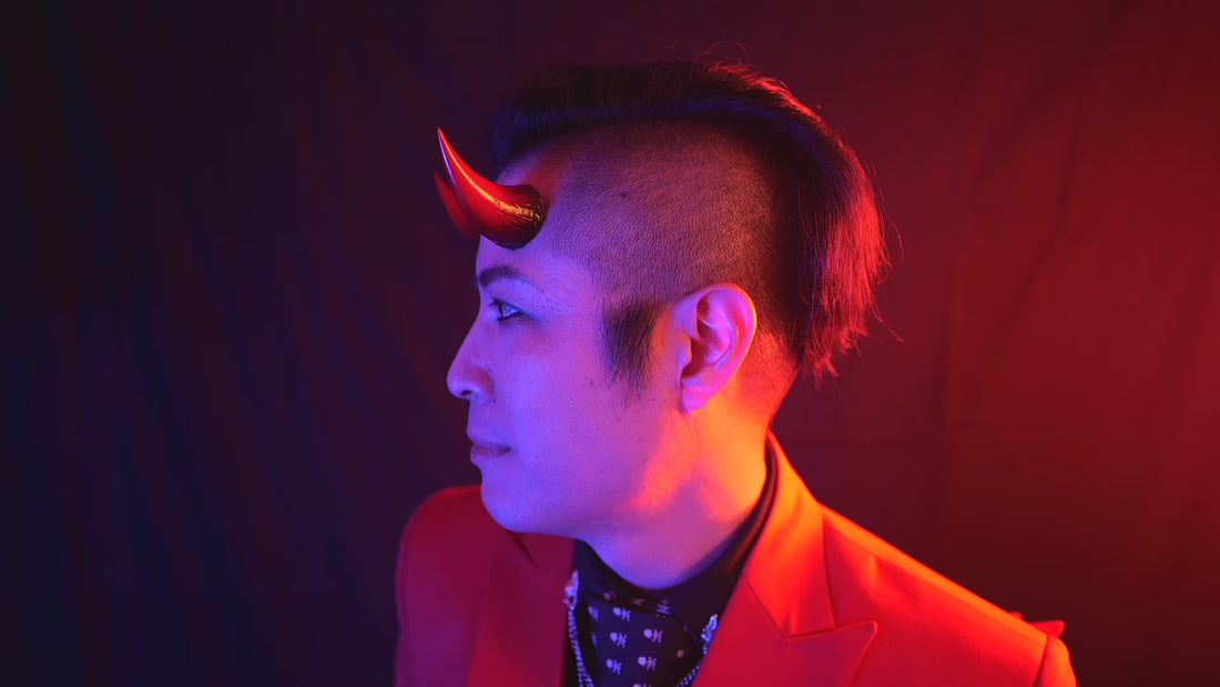 Zeph Rexx models Haus of Brimstone Fiend Horns in a video by Optic Onslaught. 