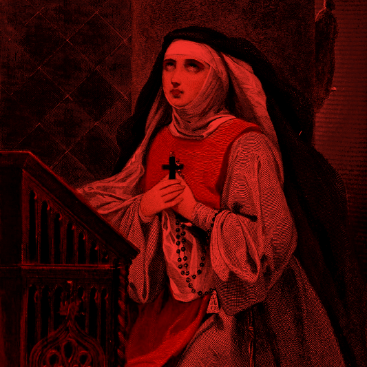 A vintage red illustration of a robed nun holding a cross and rosary.
