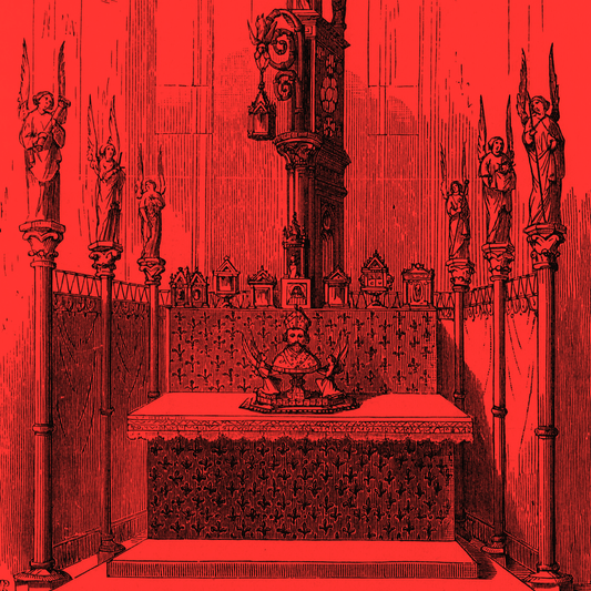 A vintage red illustration of an ornate altar with a saint's head reliquary in the center and six angels on the columns at the sides.