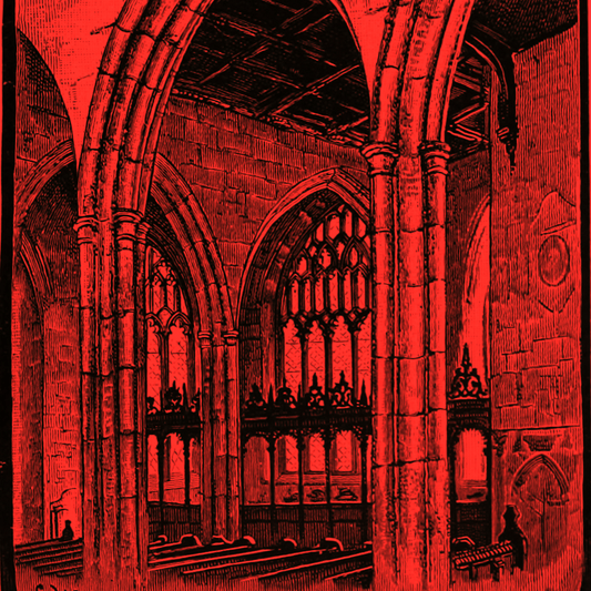 A vintage red illustration of a Gothic cathedral interior with tall stone arches, pointed windows, and pews.