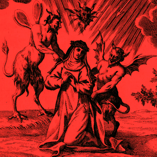 A vintage red illustration showing a kneeling nun flanked by two demons.